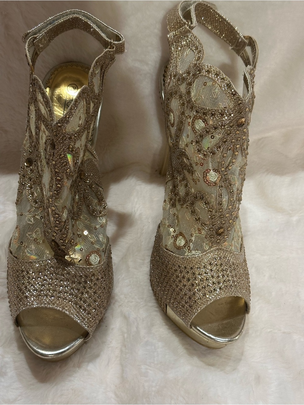 Hot Tomato Gold Sequin Mesh Peep-Toe Heels - Picture 2 of 10